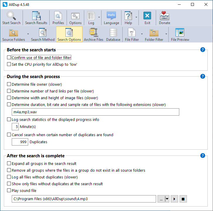 AllDup Search Options